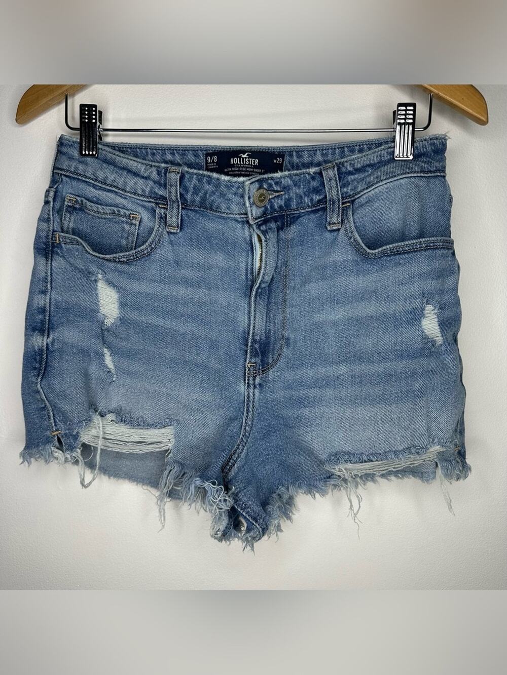 Hollister Light Blue Frayed Denim Cutoff Ultra High Rise Mom Shorts 3”